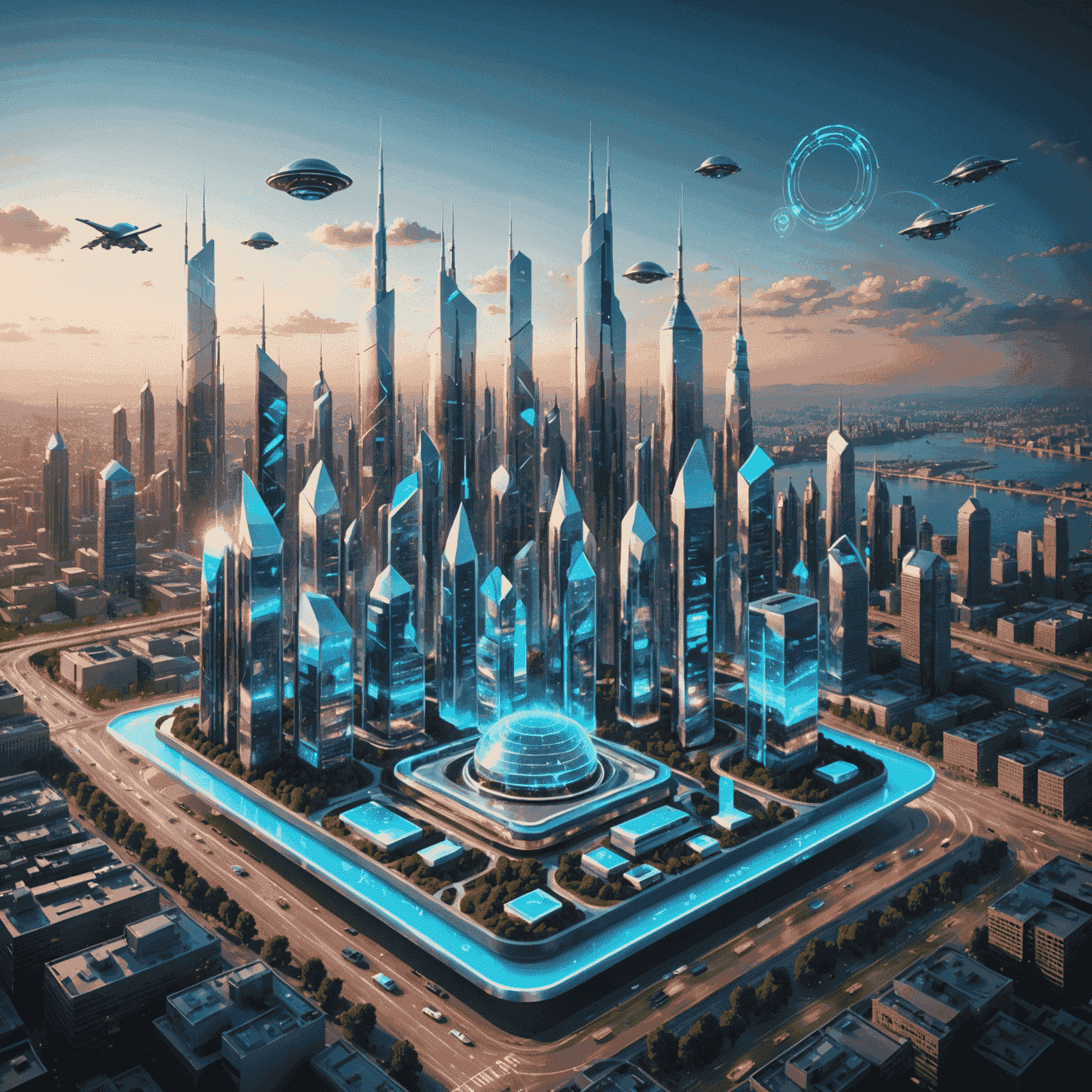 Futuristic cityscape with 5G towers and mobile devices floating in holographic display, showcasing high-speed connectivity and advanced mobile technology