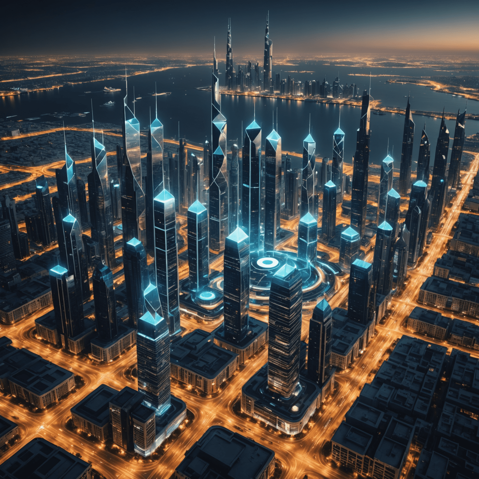 Futuristic visualization of 5G network coverage across UAE cityscape, with glowing data streams connecting skyscrapers and mobile devices