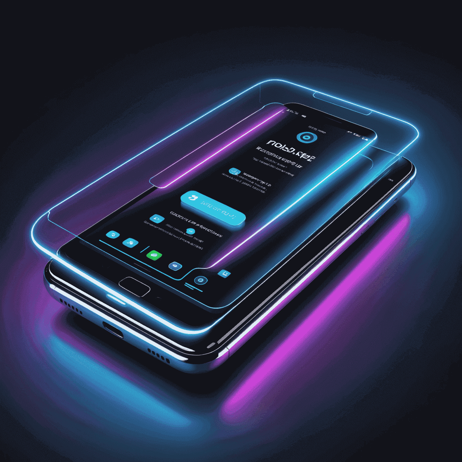 Futuristic smartphone floating in a holographic display, showcasing various mobile plan top-up options with glowing neon buttons