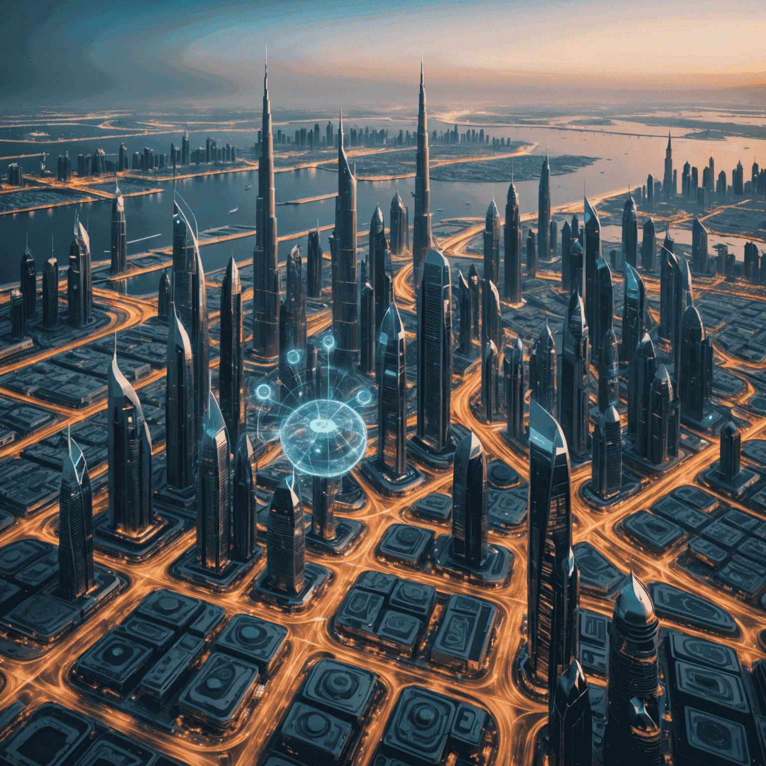 Futuristic cityscape of Dubai with 5G network visualization overlay, showing interconnected devices and data streams