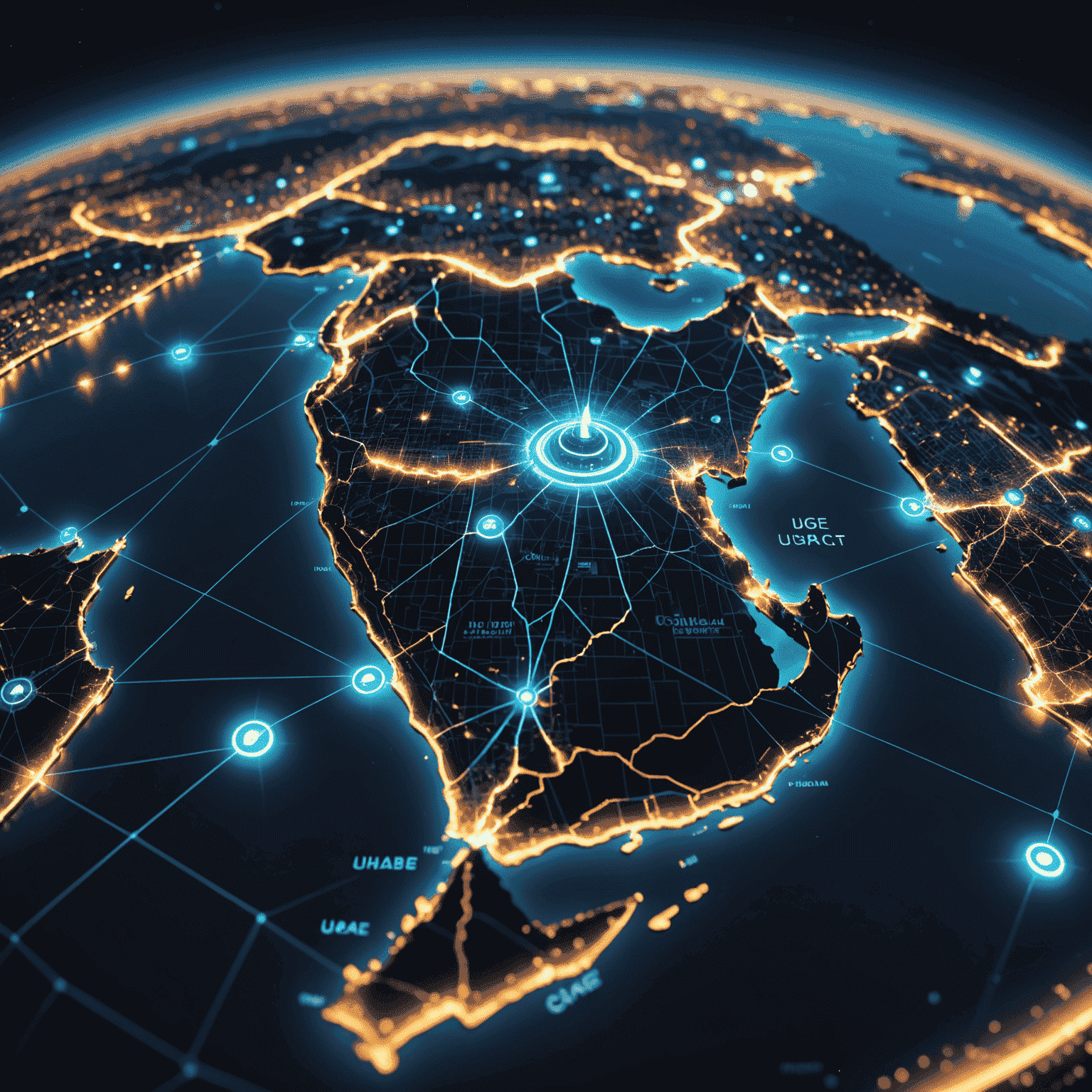 A futuristic map of the UAE showing extensive 5G network coverage with glowing blue lines representing signal strength and connectivity across major cities and regions