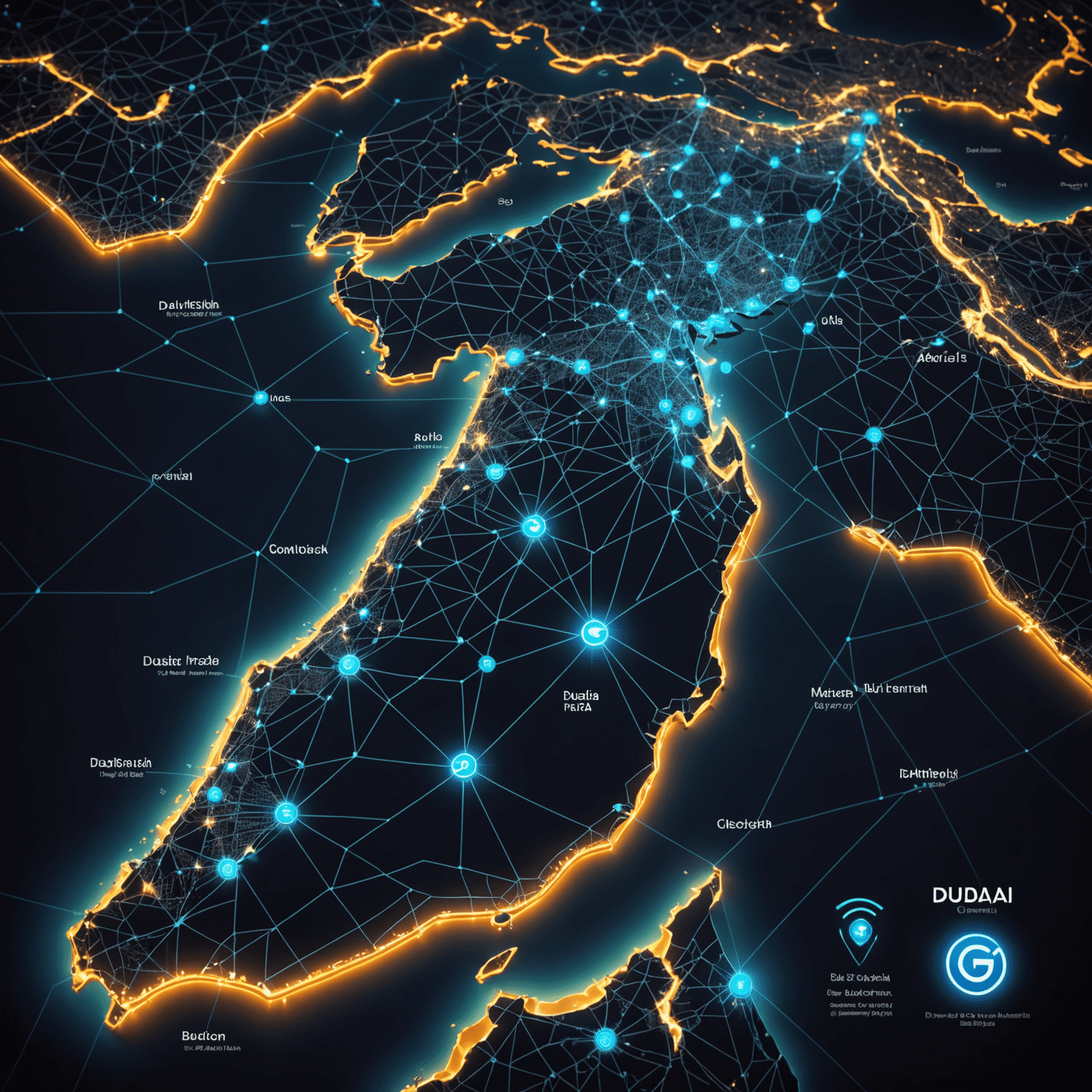 Map showing 5G coverage across UAE, highlighting major cities like Dubai, Abu Dhabi, and Sharjah with glowing network indicators. The map uses a dark background with neon blue lines representing coverage areas.