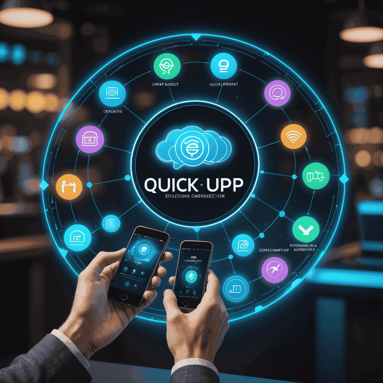 Holographic interface showing various quick top-up options, with glowing icons representing different payment methods and instant connectivity symbols