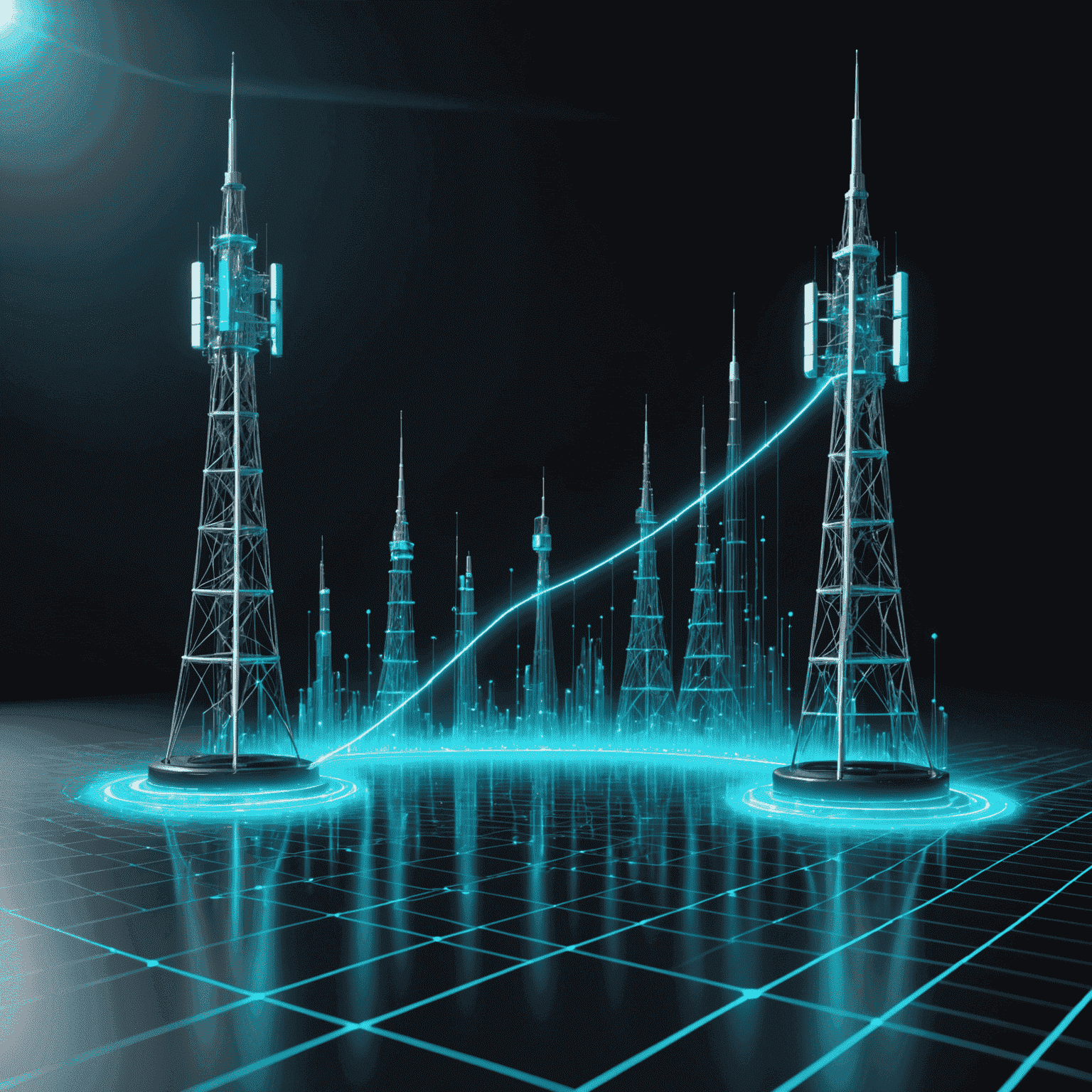 3D graph showing speed comparison between 4G and 5G, with 5G towers emitting pulsating cyan beams