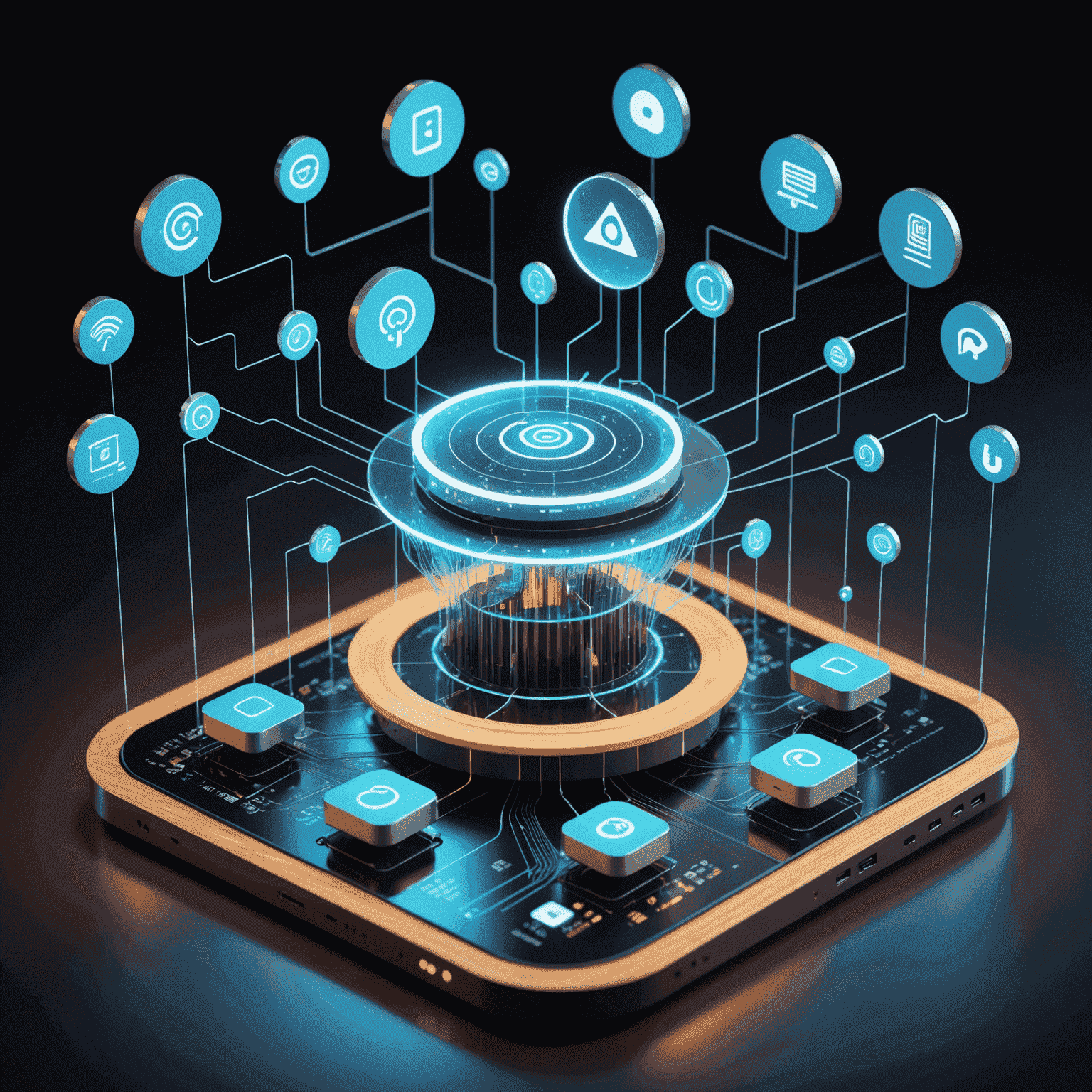 3D holographic projection of a router emitting waves, surrounded by floating icons representing various internet plan recharge options