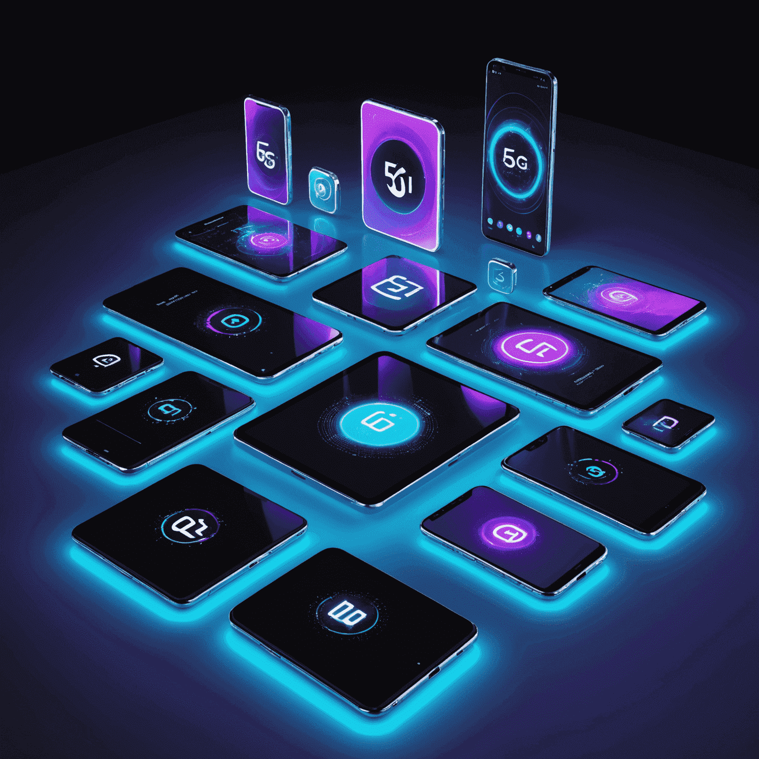 Futuristic display of various 5G-ready smartphones and tablets floating in a 3D space. Devices are illuminated with neon cyan and purple lights, showcasing their sleek designs and 5G capabilities.