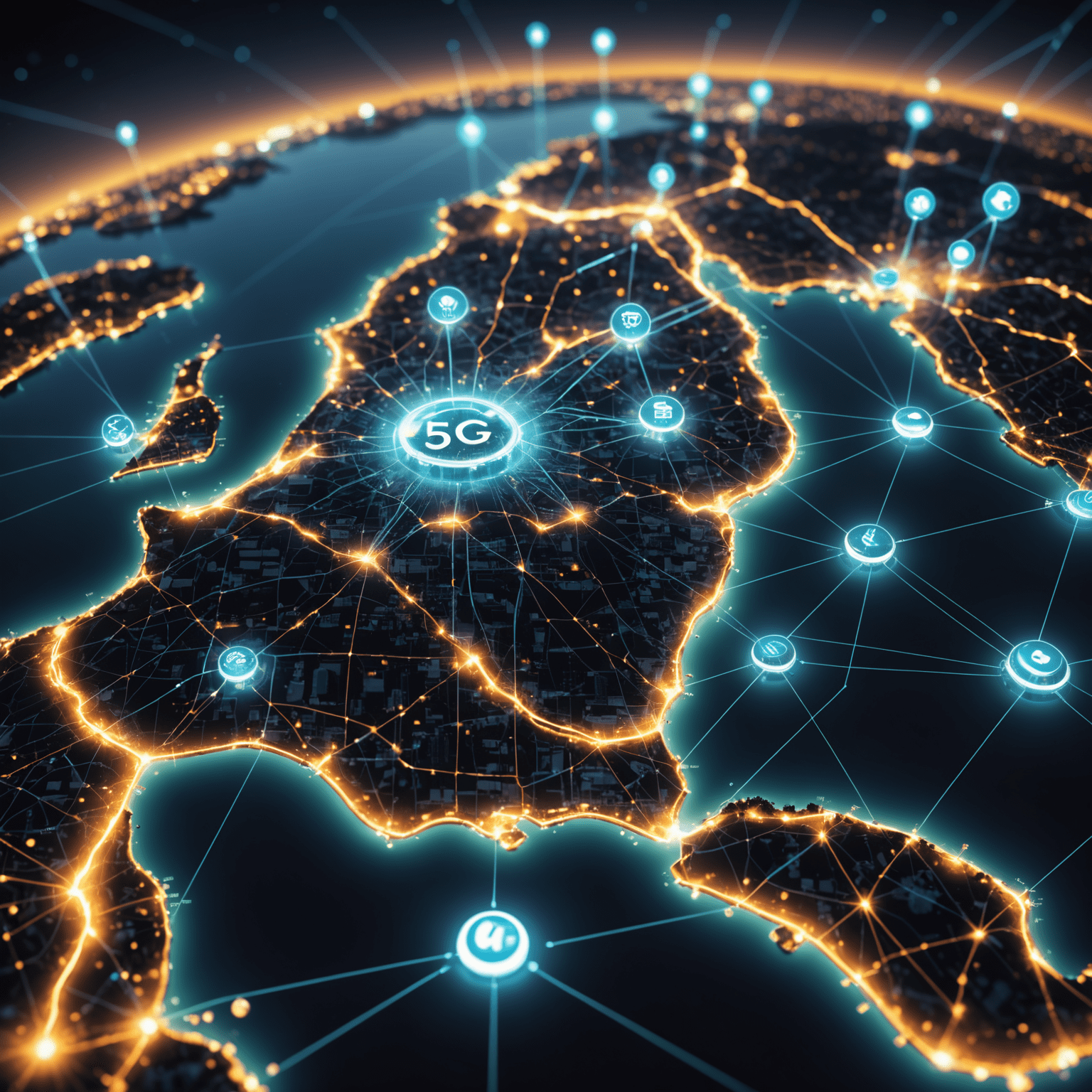 Futuristic visualization of 5G network infrastructure, showing data streams, connected devices, and a map of the UAE with glowing 5G hotspots