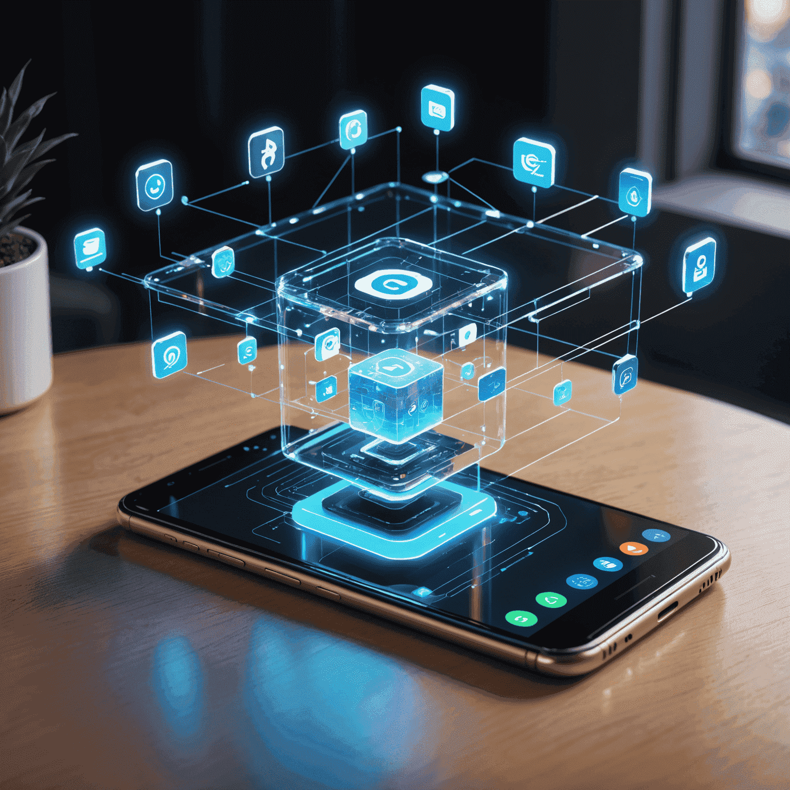 Holographic display of interconnected smart devices floating above a 5G-enabled smartphone