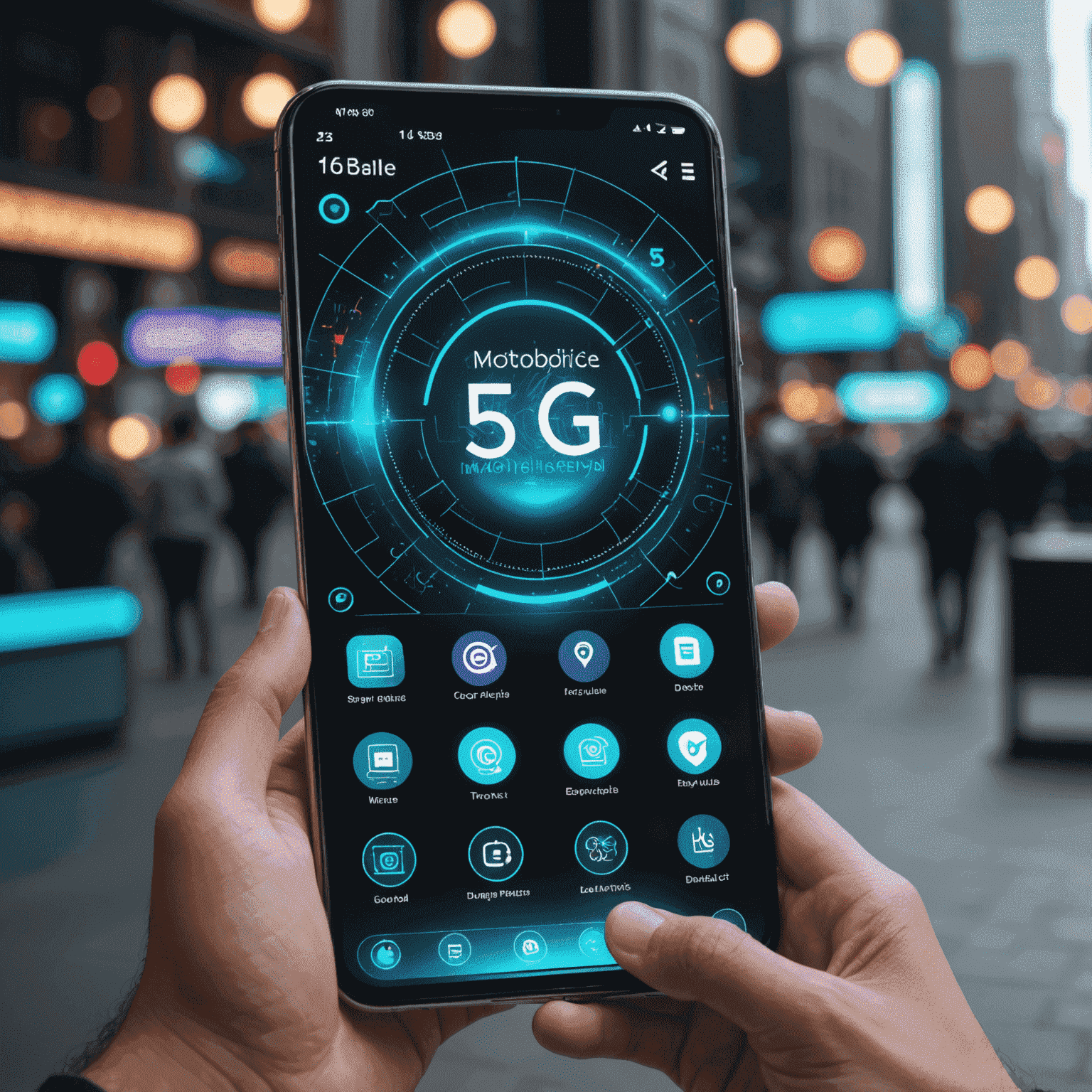 Holographic display showing various 5G mobile plan options with futuristic UI elements