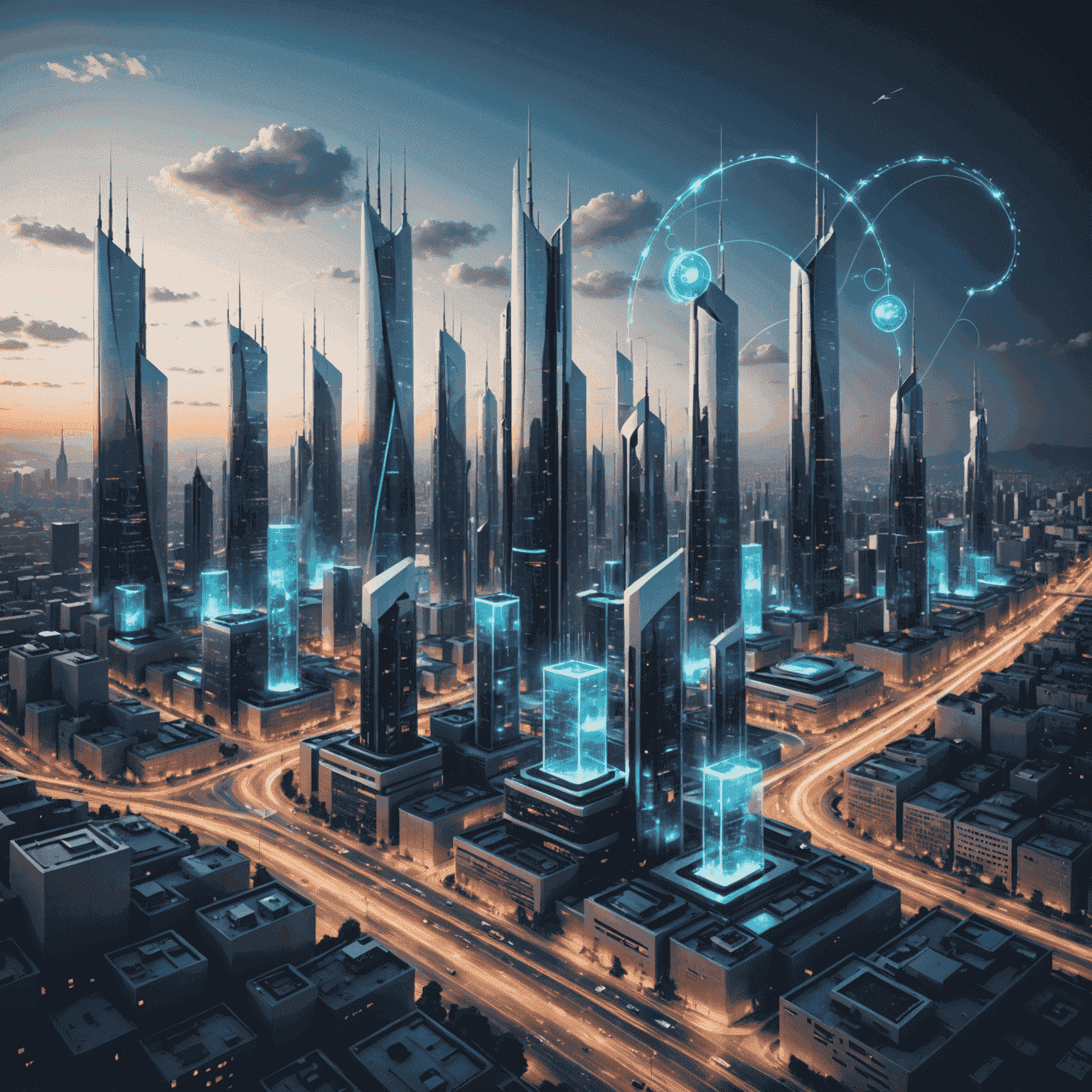 Futuristic cityscape with 5G towers emitting visible data streams connecting to mobile devices