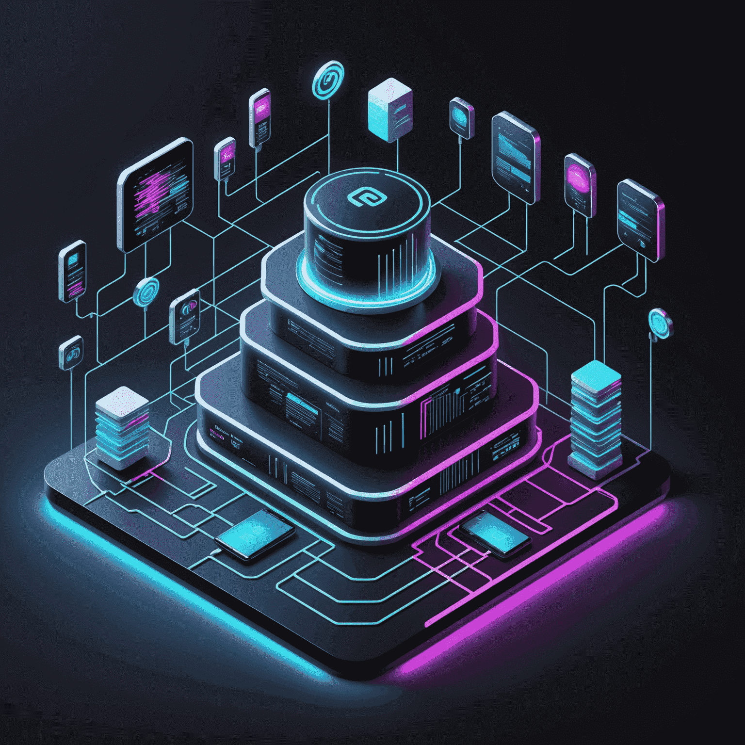 Isometric representation of various data plan tiers, with glowing neon lines connecting different packages