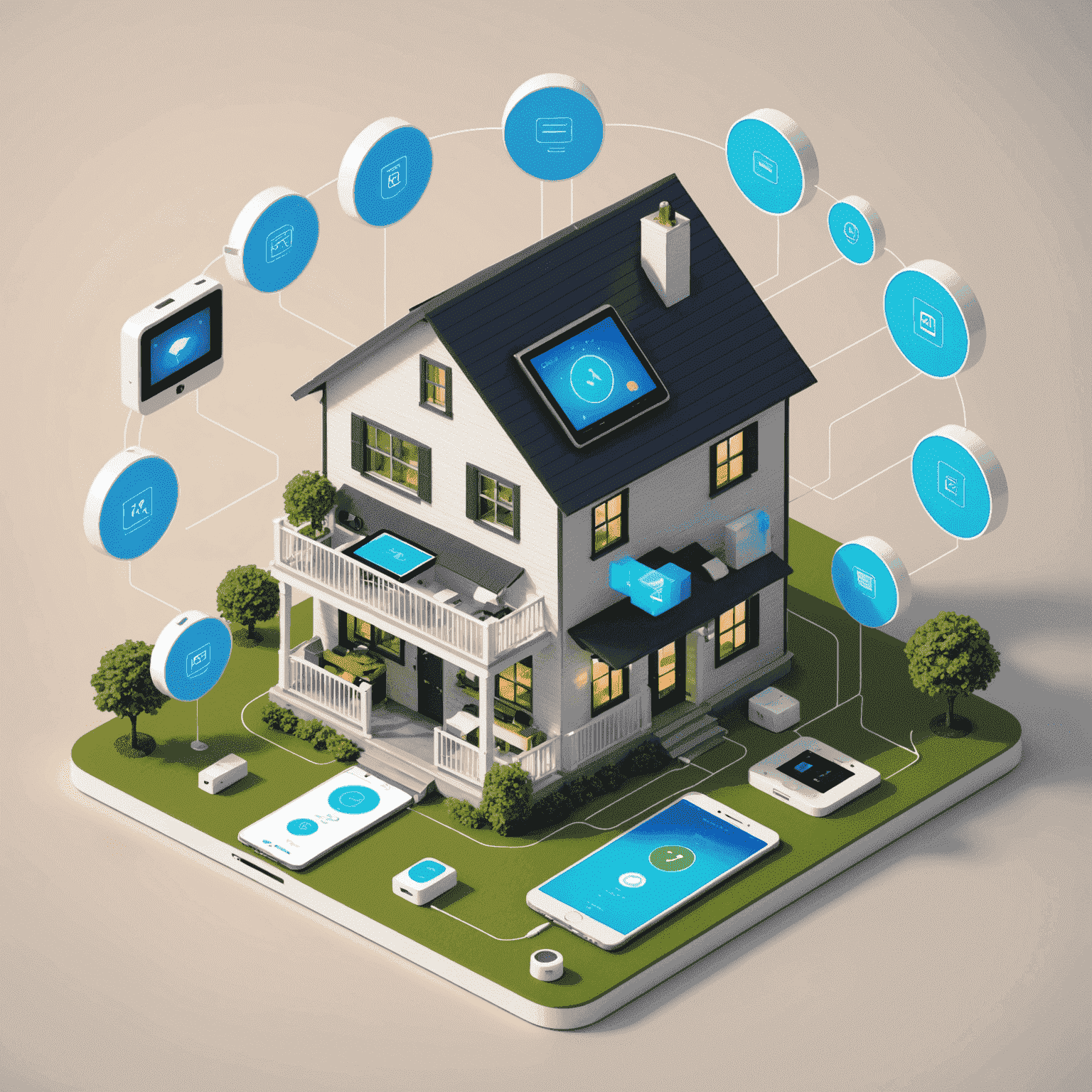 Isometric view of a smart home with multiple devices connected to a central router, showing data streams