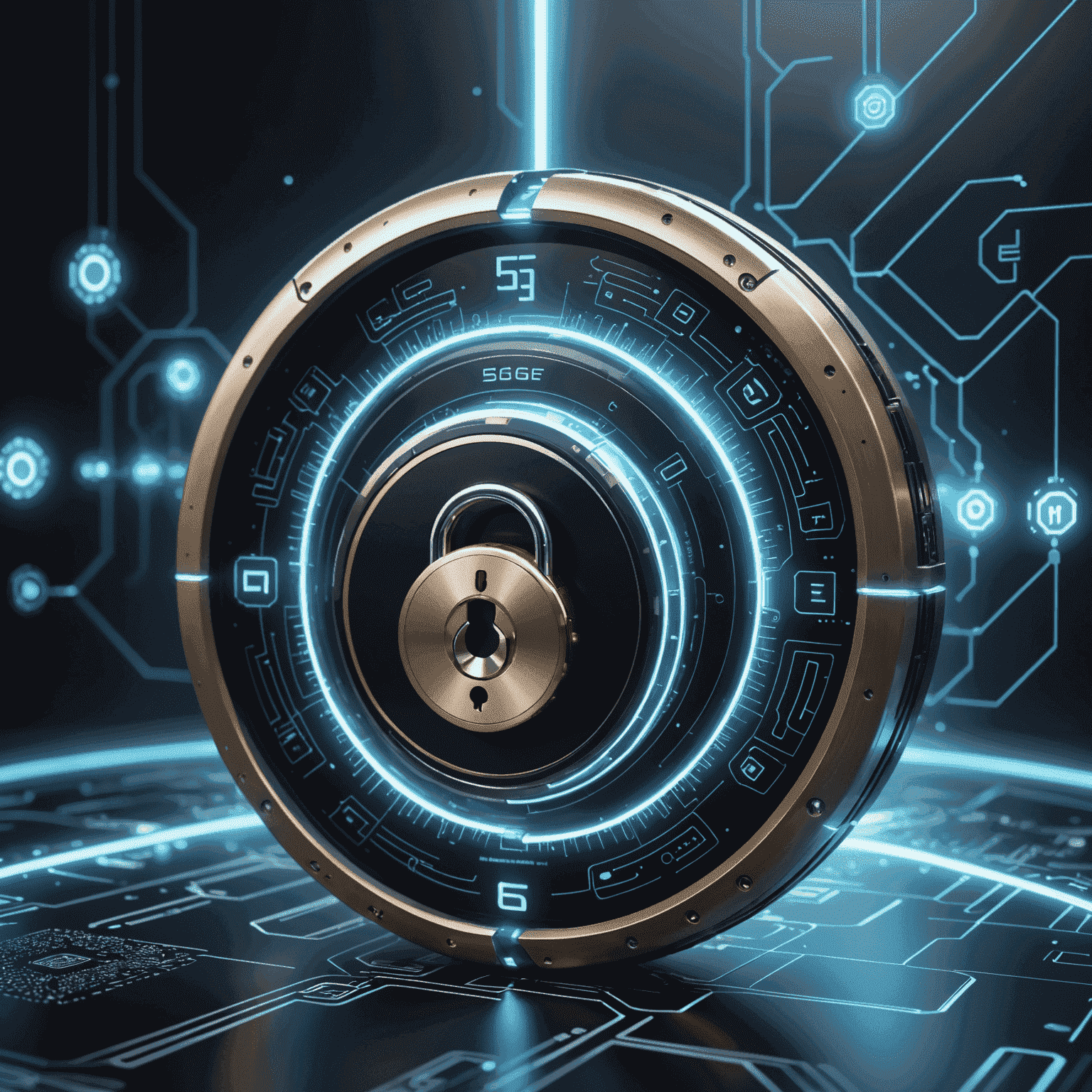 Futuristic digital lock surrounded by a protective forcefield, representing advanced 5G network security