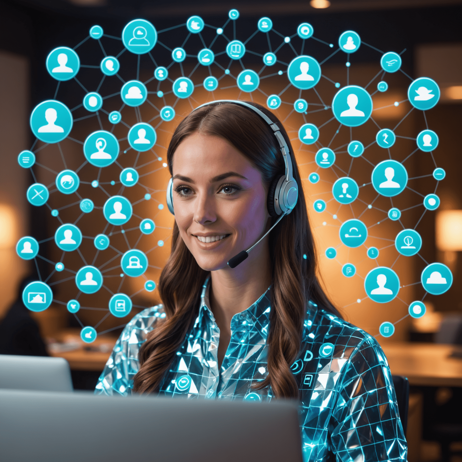 Holographic customer service representative surrounded by floating contact icons and support options