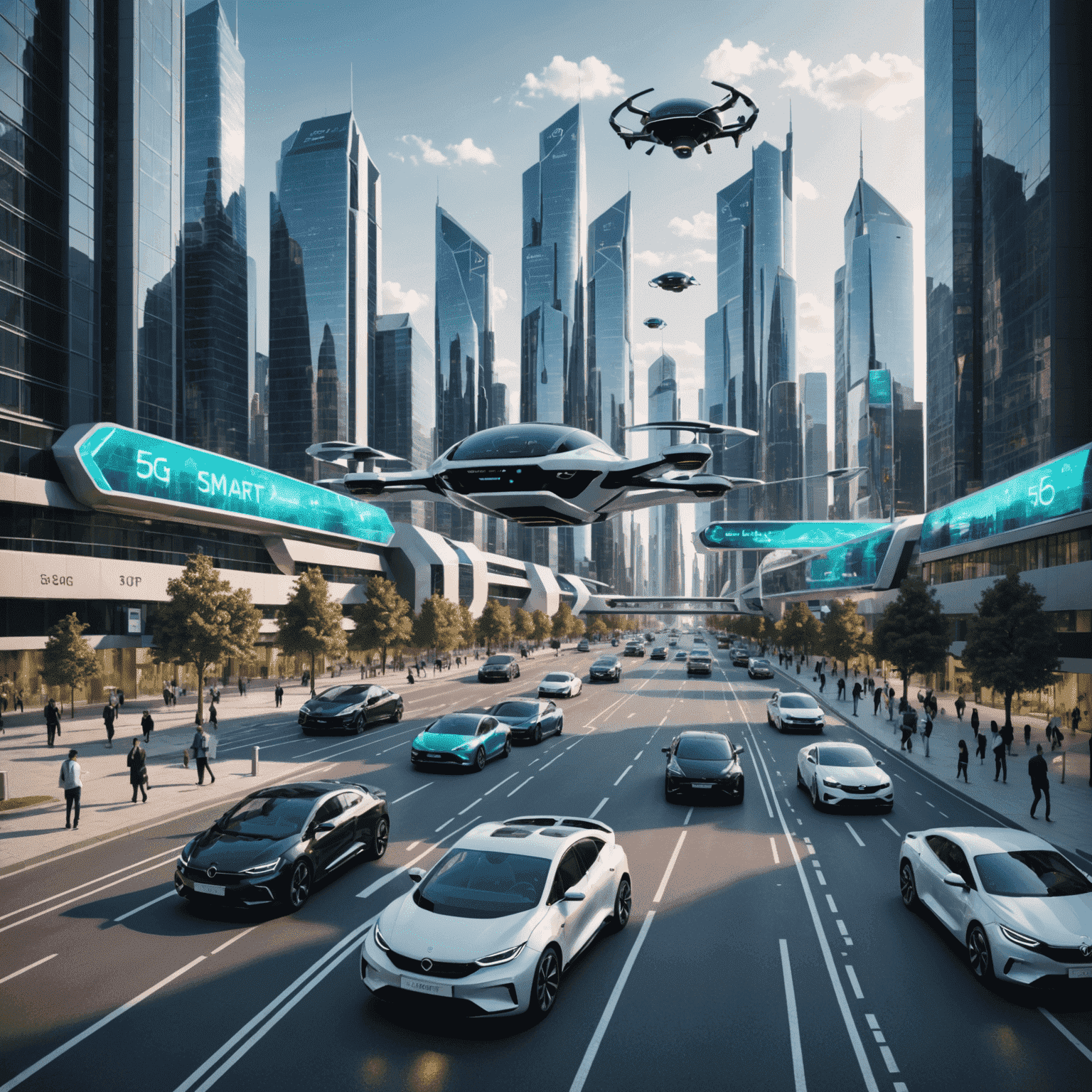 Holographic projection of future smart city powered by 5G, with flying cars and augmented reality interfaces